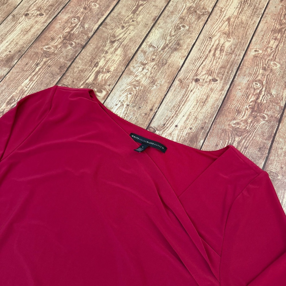 White House Black Market Surplice Blouse Womens Large Red Ruched Stretch